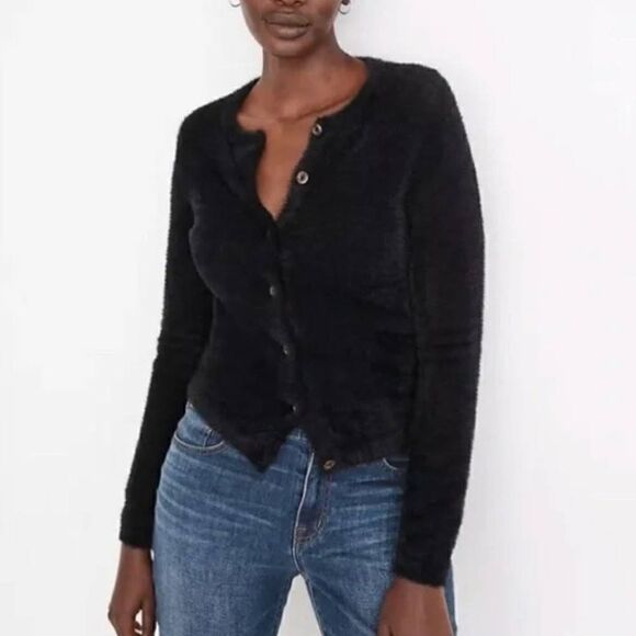 Madewell Hewitt Fuzzy Slim Button Up Cardigan True Black Size Xxs - Picture 3 of 6